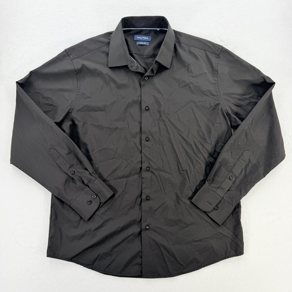 Nautica Shirt Mens 16.5 32/33 L Black Slim Fit Wrinkle Resistant Dress